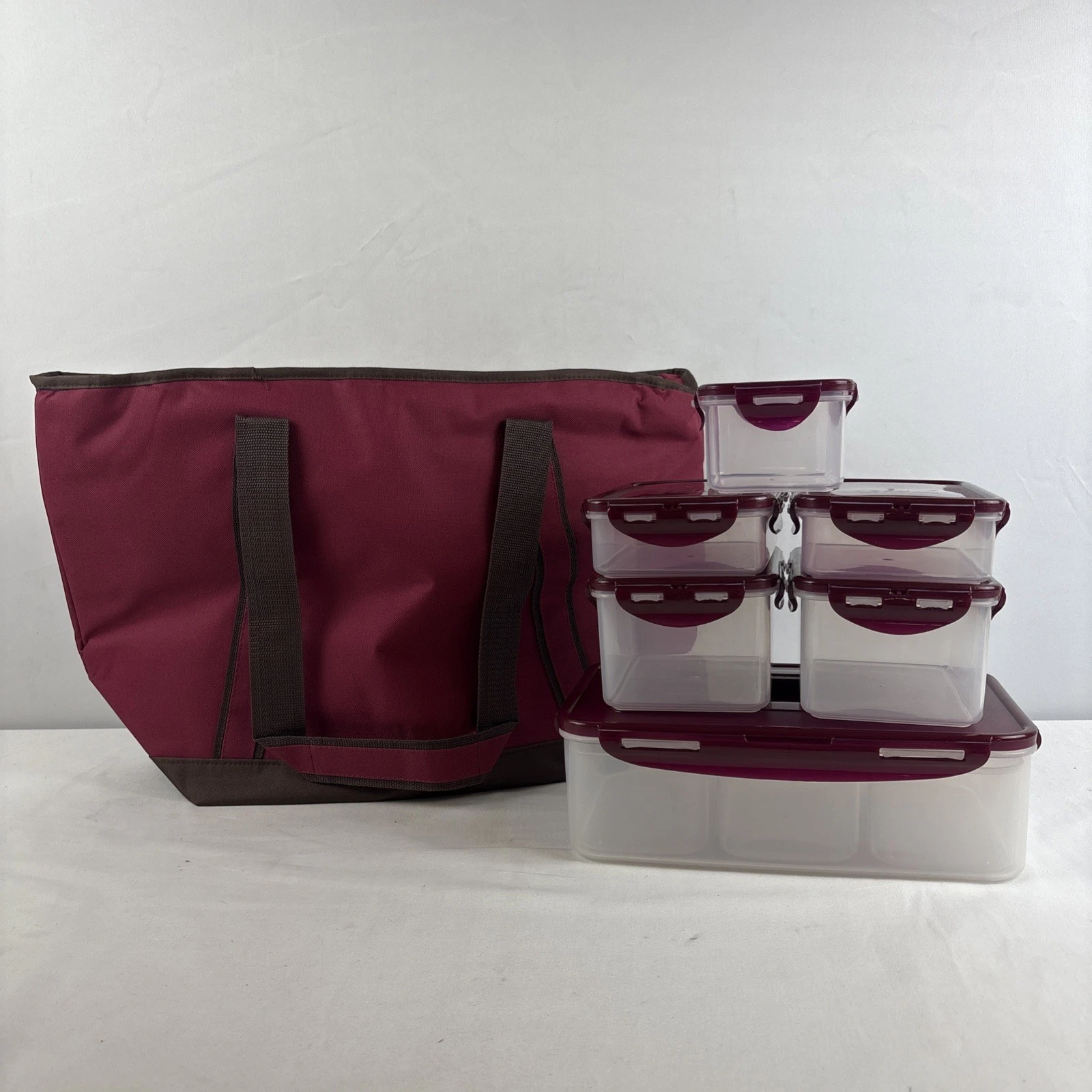 Lock And Lock Leak Proof Tote Bag With 6-Piece Container Set Wine NEW In Box