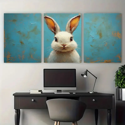3pcs White Rabbit Pet Portrait Illustration Metal Print Ready to Hang Art