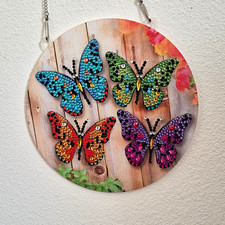 Round Butterfly Sequin Art Wall Hanging Decor on Wood Plank, Hanging Chain