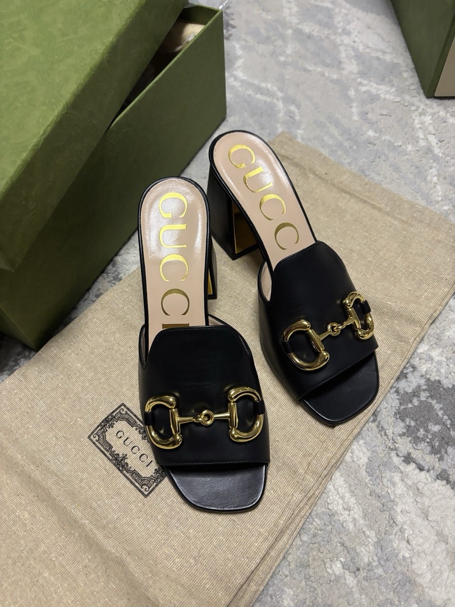 New GUCCI Gold Horsebit Black Leather Slide Sandals Mules EU 