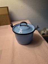 Vtg Enamelware Pot Lid & Bale Handle Light Blue w/ Black Trim  2 Cups
