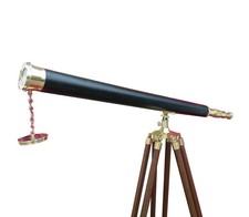 Nautical Antique Maritime Brass Leather Telescope With Wooden Tripod Stand
