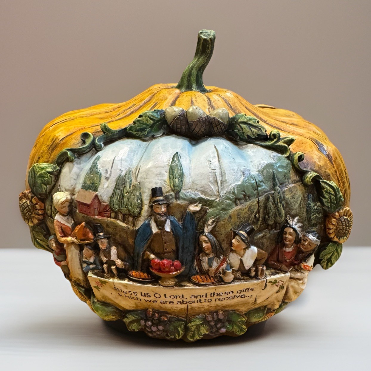 2007 Rare Large Resin Carved Pumpkin 1st  Thanksgiving  “Bless Us Oh Lord” Roman