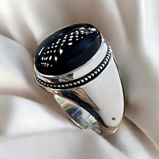 925 Sterling Silver Oval Engraved Large Black Agate Stone Ring