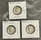 3 1953 S ROOSEVELT DIMES, CIRCULATED, UNGRADED