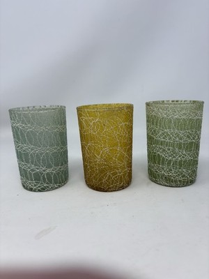 Roly Poly Spaghetti  String Juice Glasses  Set Of 3 Green, Teal & Yellow Inv#23