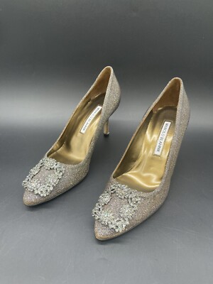RARE Manolo Blahnik 'Hangisi' Bronze Pumps Jeweled Heels EU 37 US