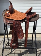 Custom Barrel Racing 14.5" Saddle Set with Floral Tooling and Copper Inlay