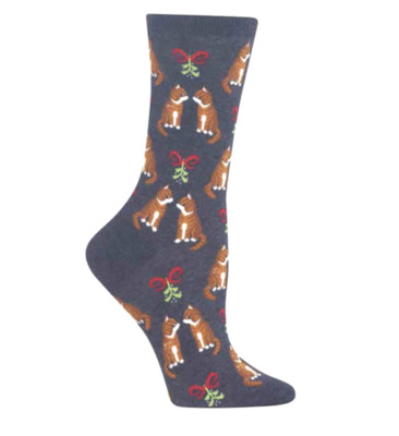 Mistletoe Cat Christmas Socks Women's Crew Sock Denim Blue Cats RARE