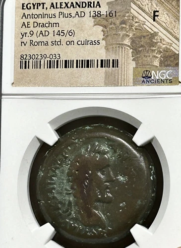 Antoninus Pius Egypt Alexandria AE Drachm Yr 9 Roma seated on cuirass NGC F