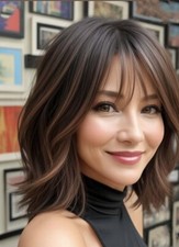 Short Brown with Blonde Highlight Lace Wig with Bangs for Women Human Hair Wigs