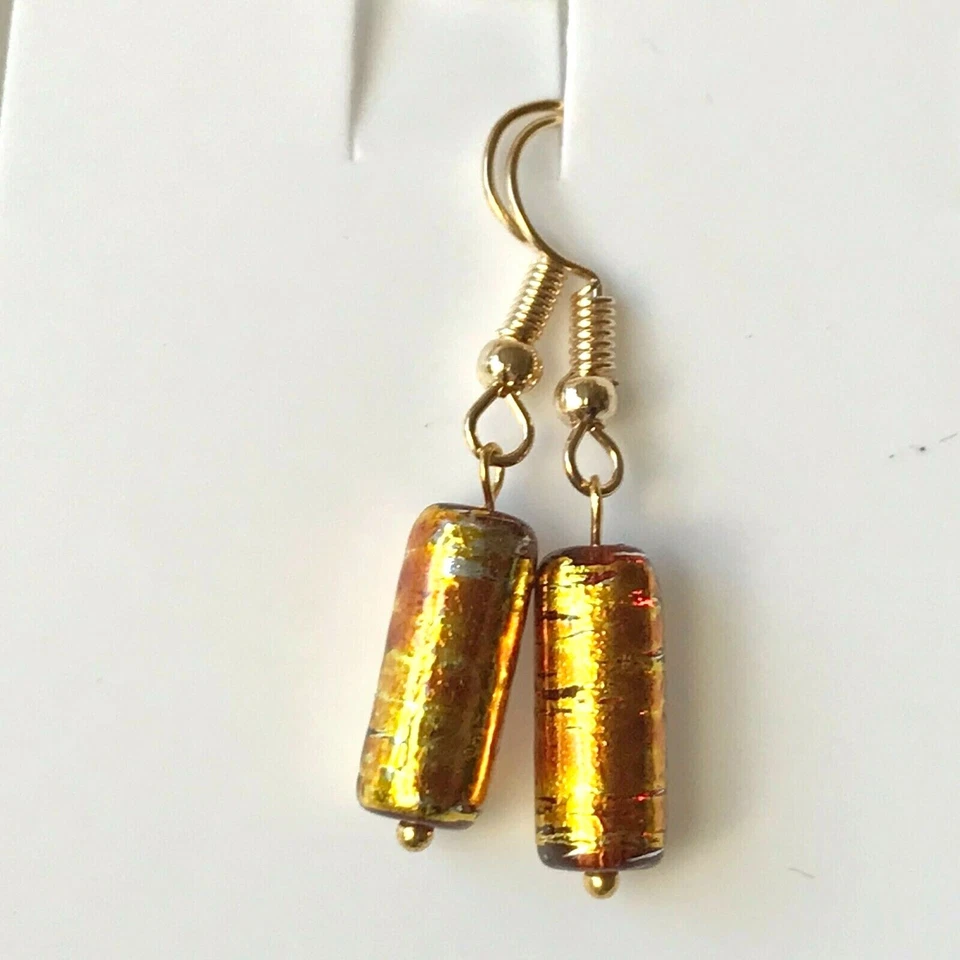 Orange Amber Murano Glass Earrings Bead Hand Painted Round Gold Plated - Image 3 of 4