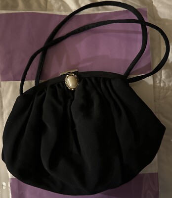 Vintage JR USA 1940s Clutch Black Faux Pearl/Rhinestone Clasp Handbag Purse  - Main Image