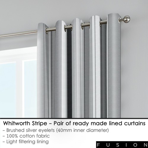 Fusion WHITWORTH STRIPE Grey 100% Cotton Ready Made Eyelet Curtains & Cushions - Picture 21 of 33