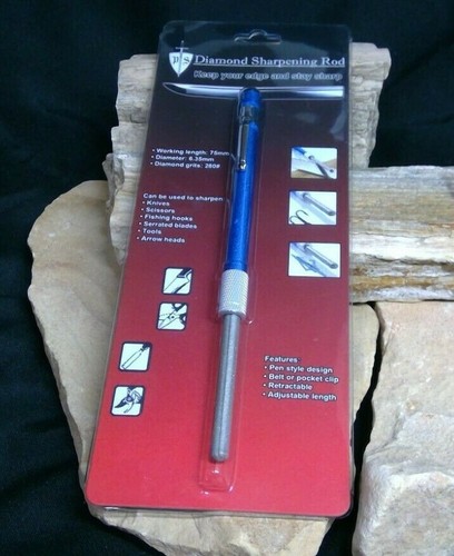 Diamond Rod Knife Sharpener 7 1/4" Pen Style Retractable In Handle Pocket Clip - Picture 2 of 3