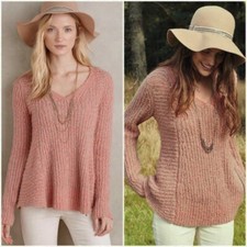Moth Anthropologie Beige Coral Zipped Stitch Boucle A-line V-Neck Sweater Small