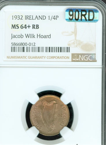 1932 IRELAND 1/4P FARTHING NGC MS64+ RB PQ MAC SPOTLESS 1FROM JOCAB WILK HOARD *