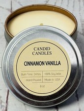 Cinnamon Vanilla 100 Soy Wax, Scented Candle 6oz 24 Hour Burn Time Hand Poured