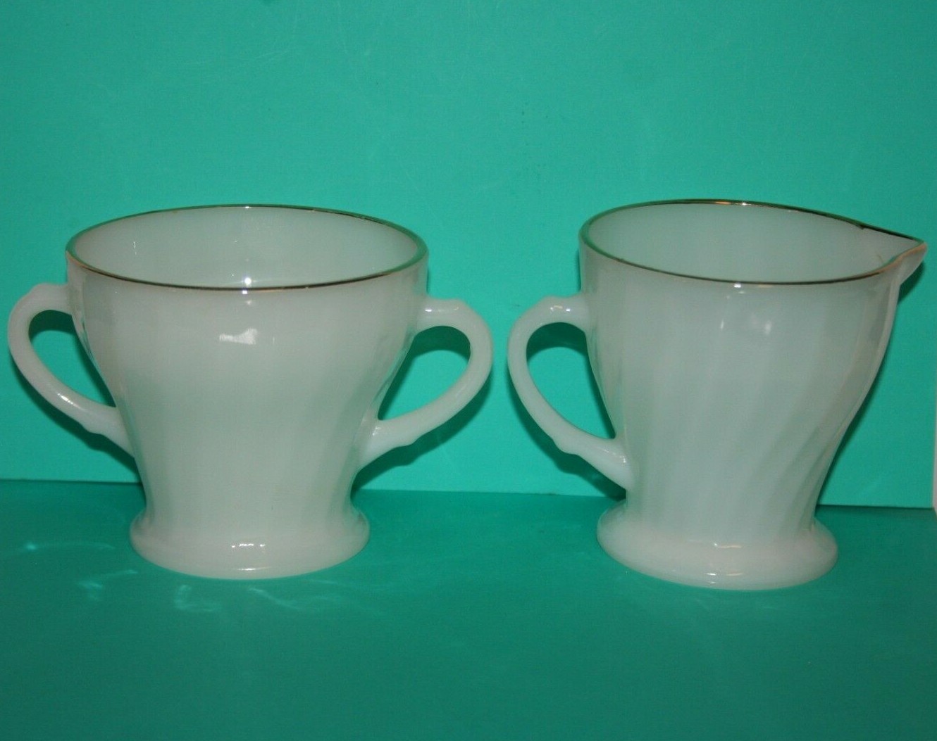 Fire King Creamer & Sugar Bowl Pressed Swirl White Milk Glass Gold Trim