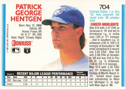 1992 Donruss Baseball Pat Hentgen Toronto Blue Jays #704 - Picture 2 of 2