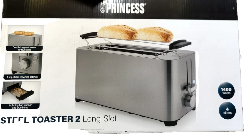 Princess Steel Toaster 2 Long Slot 1400W – 4 Fette, Scalda Panini - Immagine 4 di 4