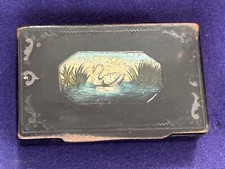 ANTIQUE FOLKART PAINTING SWAN POND LAQUER LAQUERWARE DECORATED SNUFF BOX 18th C