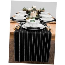  Stripe Linen Table Runner 60 Inch - 100% Pure Linen Black and White Table 