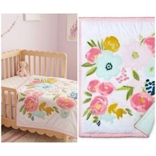 Cloud Island Floral Fields Pink Quilted Crib Comforter Watercolor Bloom 40x31