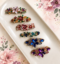 Floral Rhinestone Metal Barrettes Set of 6 Multicolor Flower Hair Clips