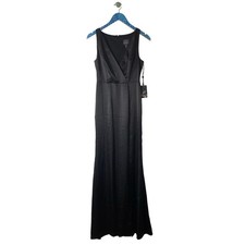 New ADRIANNA PAPELL Black Hammered Satin Slit Maxi Evening Gown Dress Size 2