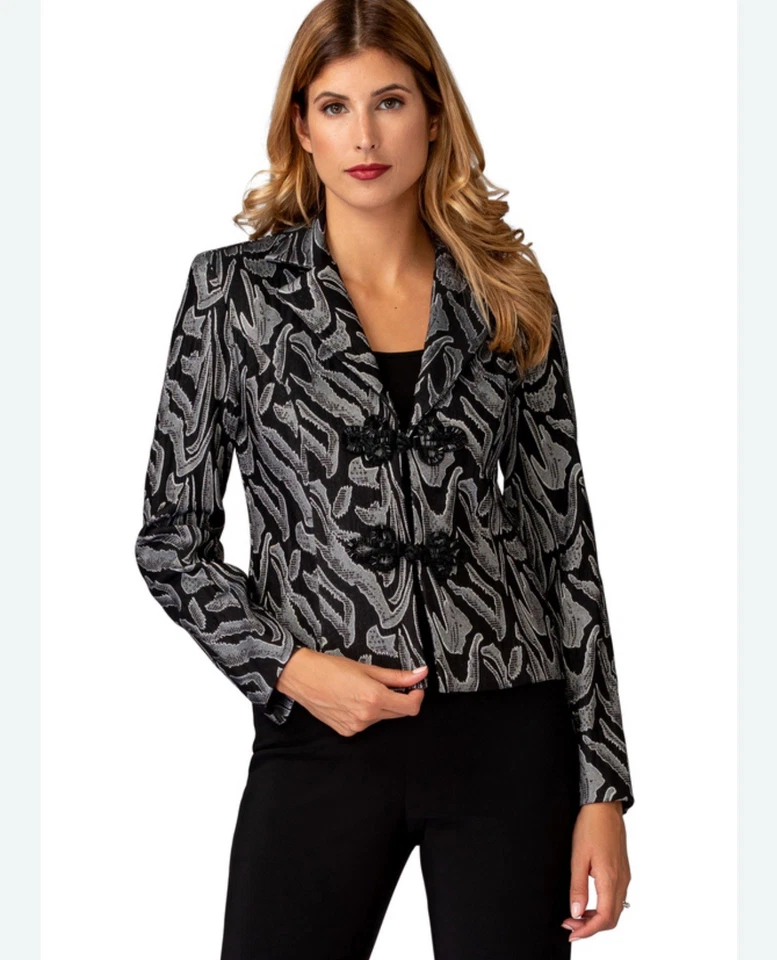 Joseph Ribkoff Womens Jacket Size 10 Black/Gray Print Beaded/Knot Front Closure - Image 2 of 4