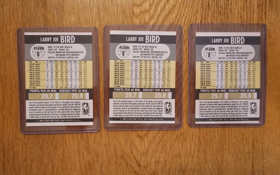 3 Fleer 1990 Larry Bird #8 Boston Celtics Error Basketball Cards  - Image 2 of 2