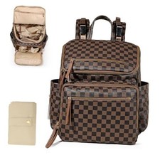 Checkered Diaper Bag Backpack - Large Baby Diaper Bag - Leather - 17 Coffee