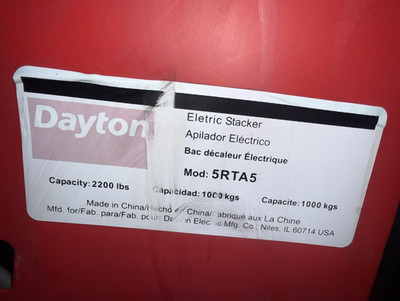 Dayton 5RTA5 Electric Walkie Stacker 2200 lb 30-40 in Lift Cushion Tires