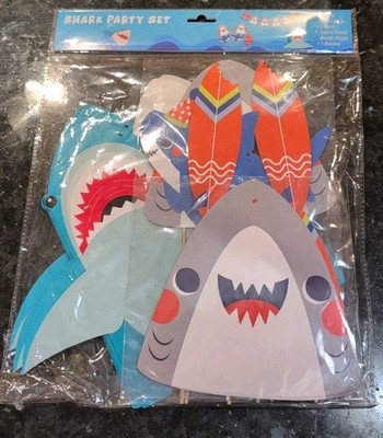 Shark Party Set, 6 Favor Boxes, 6 Photo props, and Banner Great White Shark 