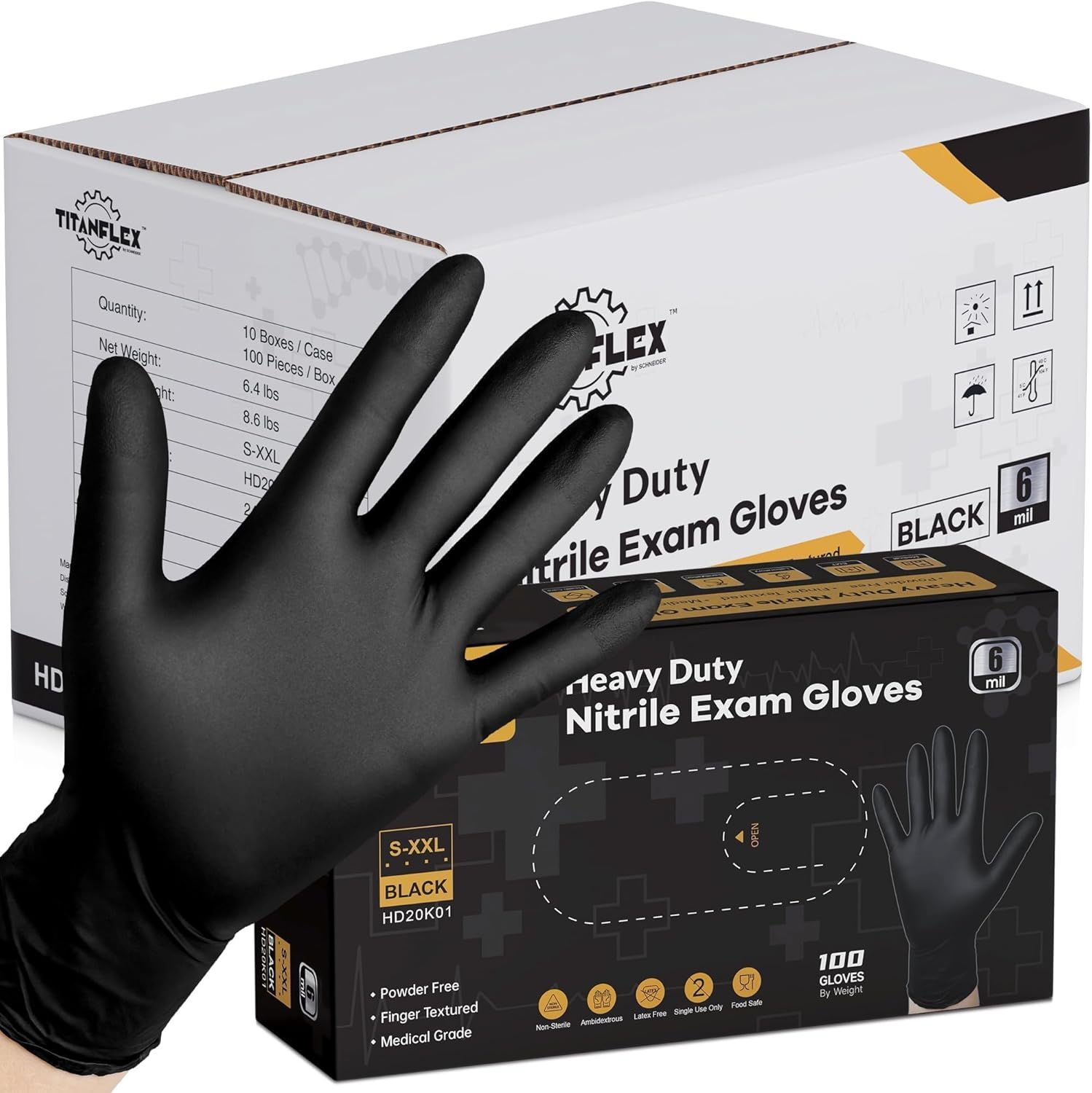 Disposable Nitrile Exam Gloves, 6-Mil, Black, Heavy Duty, Latex Free, Food Safe