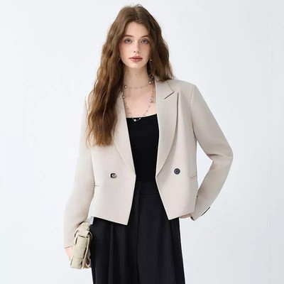 Damen Blazer Beige Kurz Elegant Jacke Zweireiher Business Mode CF51578