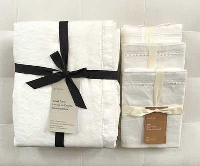 West Elm SIGNATURE TENCEL LINEN King Duvet & 3 Euro Shams White NWT