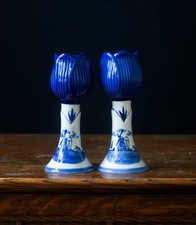 Delft Blue Holland Candle Holder Pair Ceramic Tulip Hand Painted Blue And White