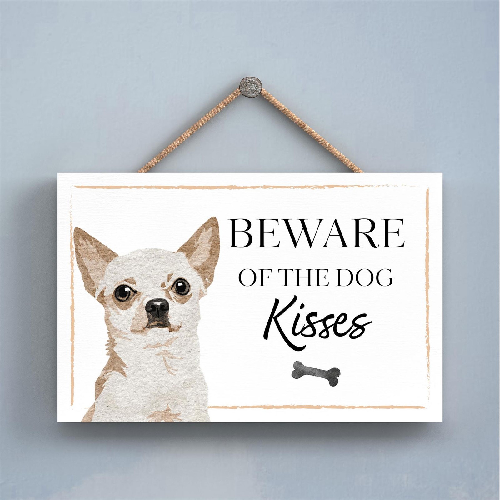 Chihuahua Beware of Dog Kisses Decorative Gift Wooden Hanging Rectangle Plaque