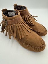 Vintage 80s Bongo Ankle Stitched Leather Fringe Moccasin Boots Size 6 Brown BOHO