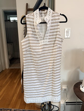 Eliza J Striped V-Neck Shift Dress 12 (fits 8) Beige/White Linen Lace Trim Lined