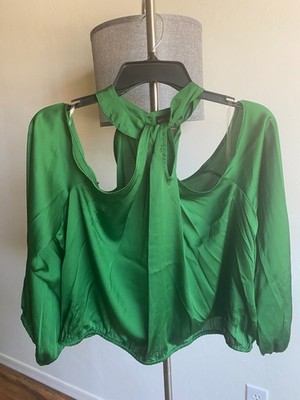 Bold Elements Green Cold Shoulder Tie Neck Blouse Women's Large Polyester NEW