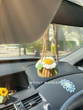 Crochet Daisy Flower Pot Car Accessory, Handmade, Rearview Mirror Decor
