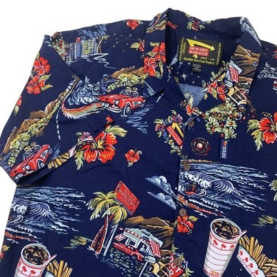 In N Out Burger Shirt Mens 2XL Navy Blue Hawaiian California Scenic Cotton Beach