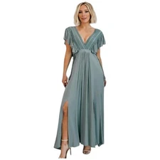 Baltic Born Jennifer Maxi Dress Sage Green Flutter Tassel Greek Goddess Size M
