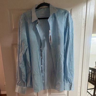 Bugatchi Uomo Men s 2XL Blue White Striped Cotton Button-Up Shirt Trim