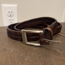 Brighton Brown Leather Woven Strap Solid Silverston Buckle Belt - Size 42
