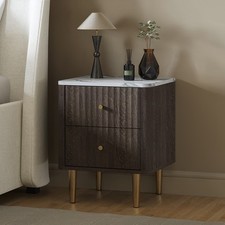 Dark Wood 2-Drawer Marble Top Fluted Bedside Table - Lucia LUU007
