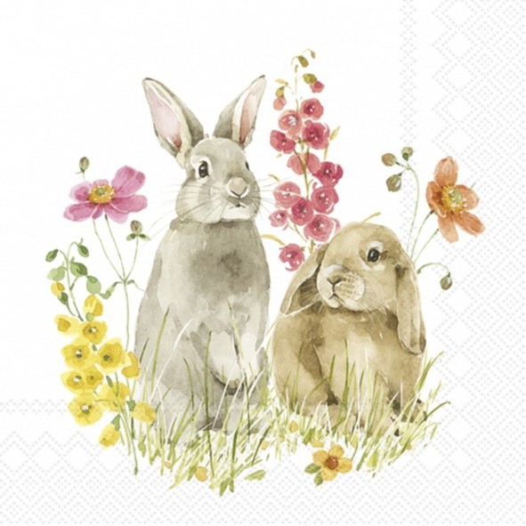 4 x COCKTAIL Napkin/3Ply/25cm/Decoupage/Meadow Flowers/Bunnies/Hop on Spring